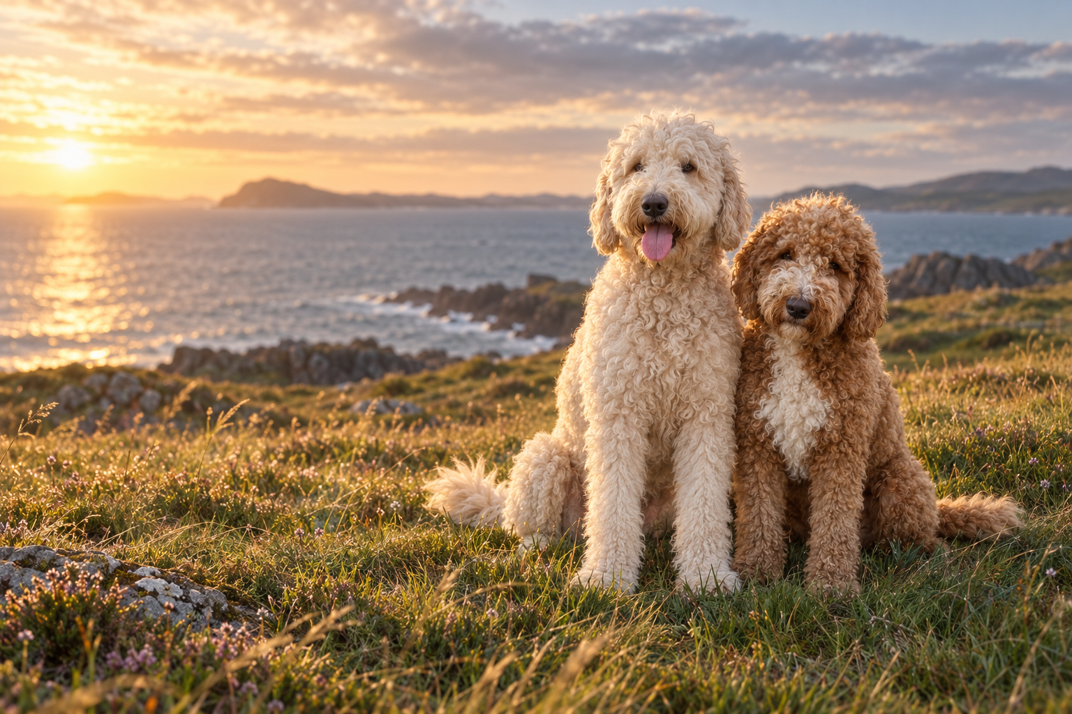 An AI-created portrait based on Tui and Rudi together in a coastal meadow at sunset